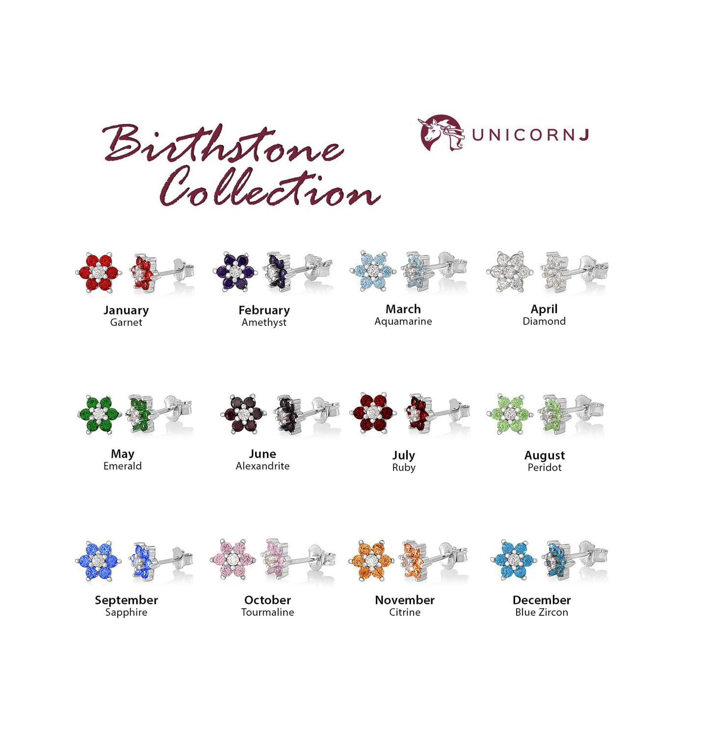 Unicornj Childrens Sterling Silver 925 Light Green CZ 6 Petal Flower August Birth Month Stud Post Earrings