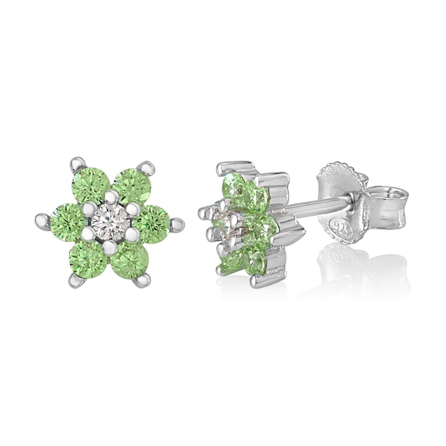 Unicornj Childrens Sterling Silver 925 Light Green CZ 6 Petal Flower August Birth Month Stud Post Earrings