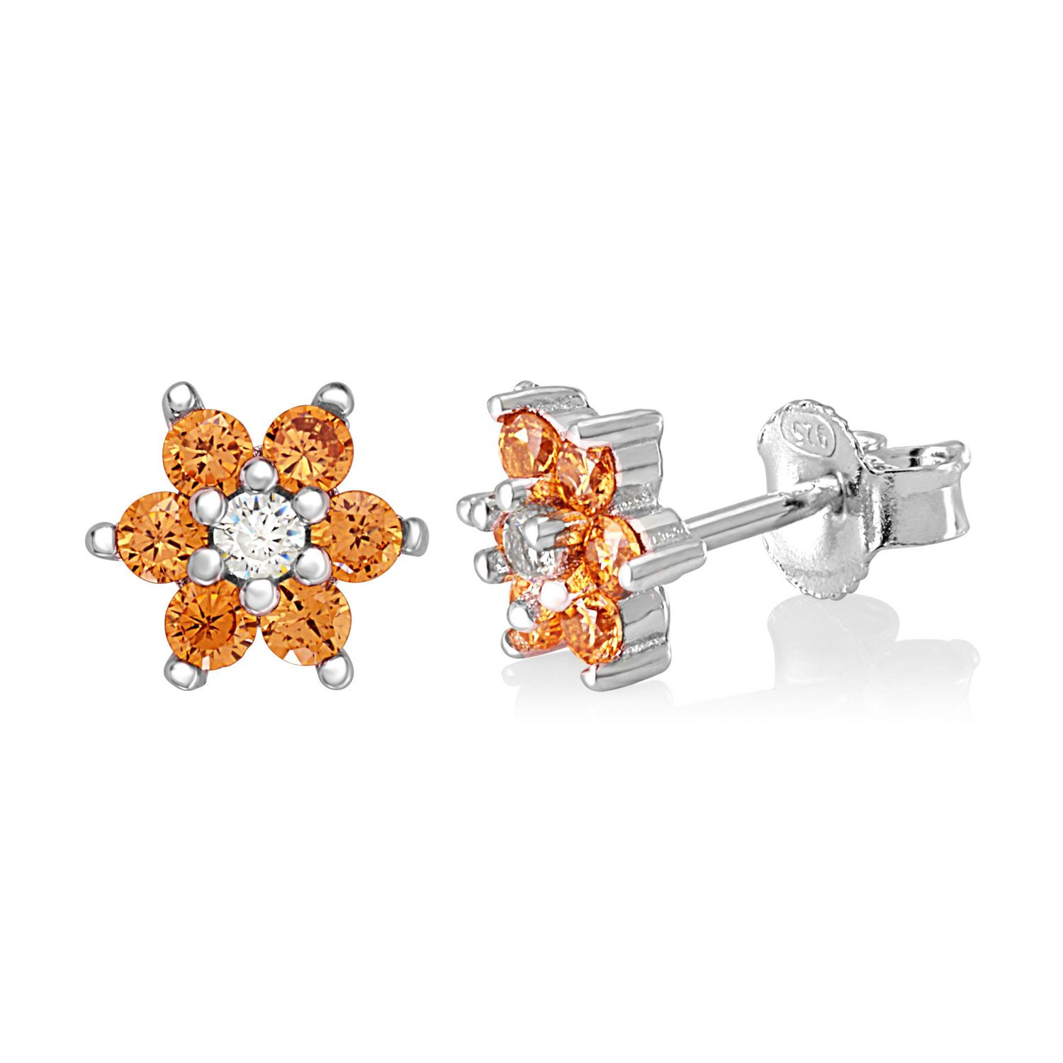 Unicornj Childrens Sterling Silver 925 Light Orange CZ 6 Petal Flower  November Birth Month Stud Post Earrings 