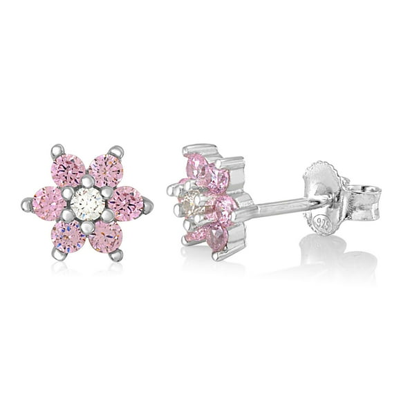 Unicornj Childrens Sterling Silver 925 Pink CZ 6 Petal Flower October Birth Month Stud Post Earrings