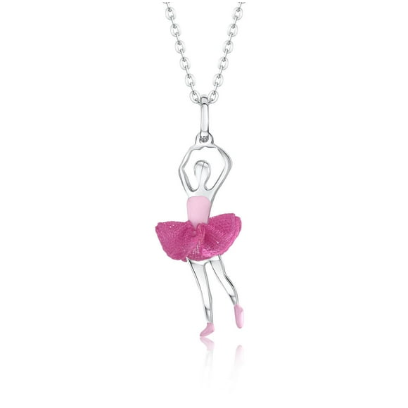 Unicornj Childrens Teen Sterling Silver 925 Ballerina Ballet Dancer Pendant Necklace with Dark Pink Tulle Tutu and Light Pink Enamel 16" Italy
