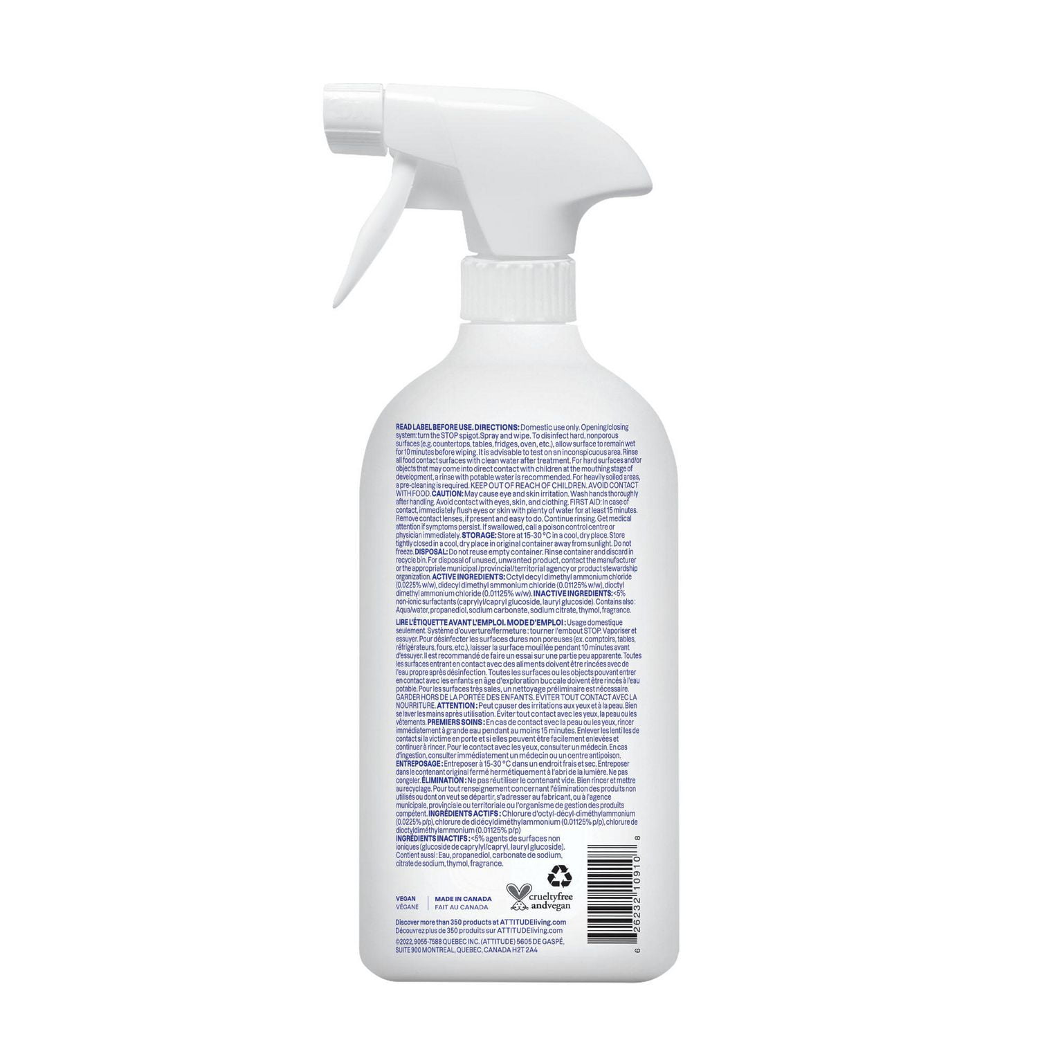 ATTITUDE home+ technology,  All Purpose Cleaner Disinfectant 99.99%, Thyme & Citrus, 800 mL