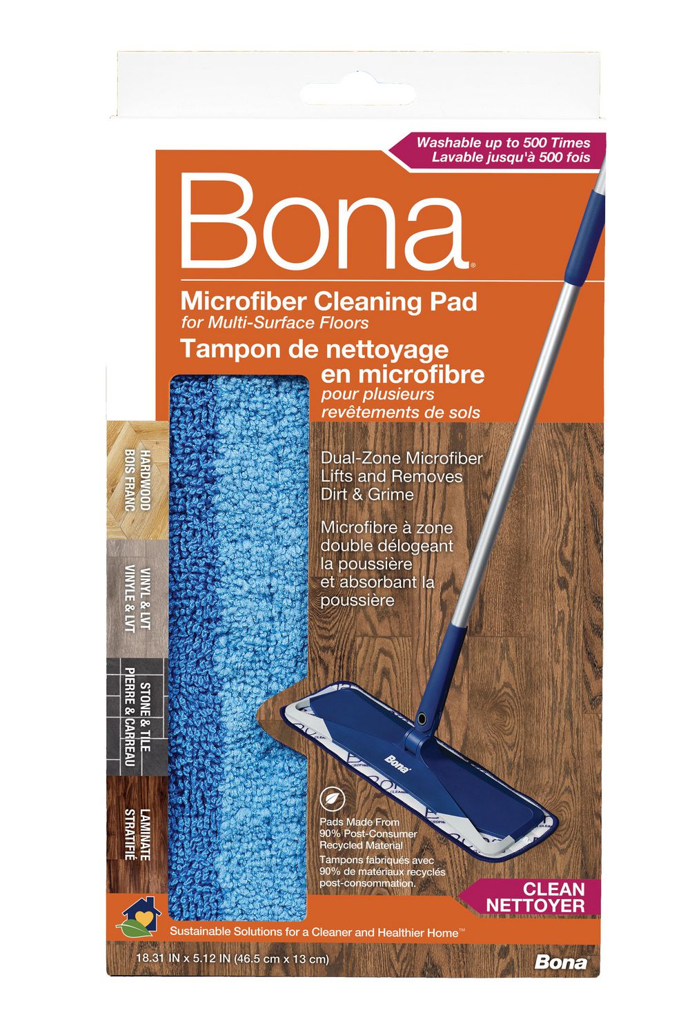 Tampon de nettoyage de rechange en microfibre Bona pour sols durs,  compatible avec la vadrouille Bona Système de nettoyage durable 