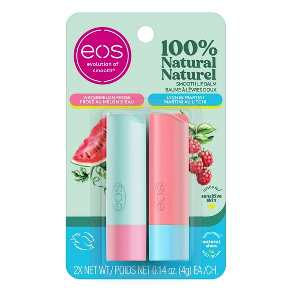 eos 100% Natural Lip Balm Sticks- Watermelon Frosé and Lychee Martini, All-Day Moisture, 4g, 2-Pack, 2 Pack