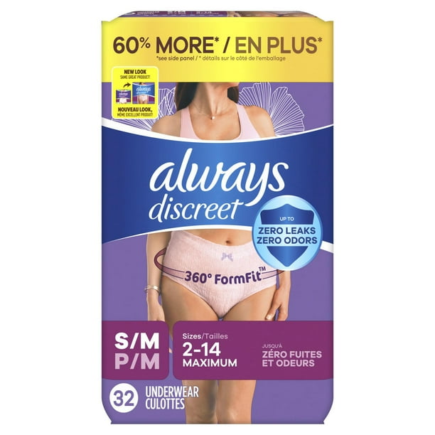 Always Discreet Adult Incontinence Underwear for Women and Postpartum  Underwear, S/M, Up to 100% Bladder Leak Protection,, 32CT 