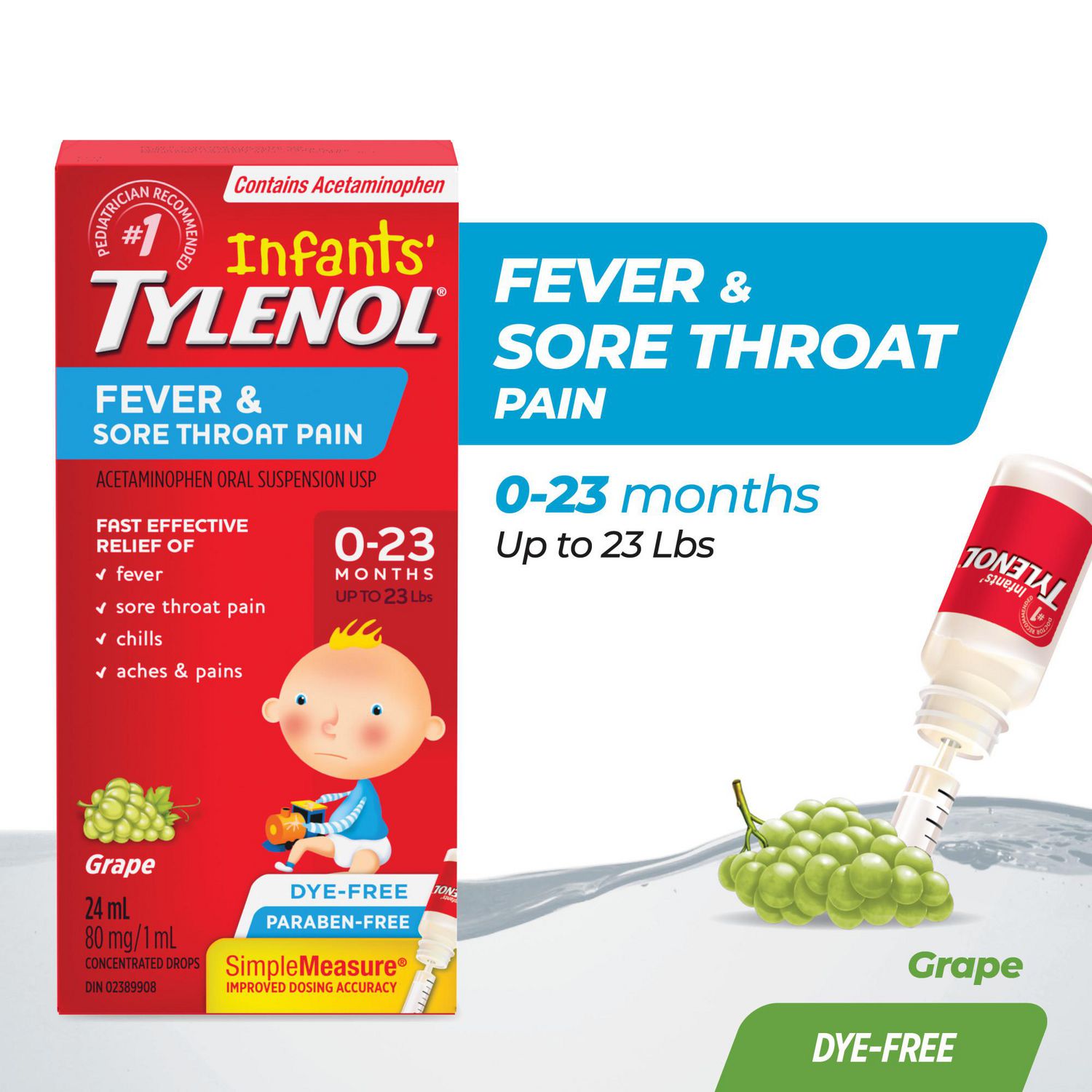 Médicament Tylenol pour nourrissons, gouttes pour la fièvre et le mal de gorge, raisin, 24 ml