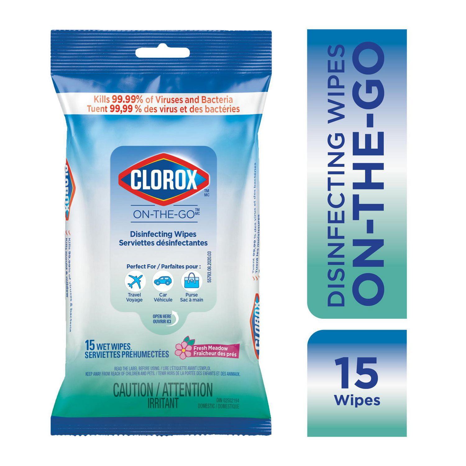 Clorox On The Go Disinfecting Wipes Fresh Meadow 15 Count Disinfecting Wipes. DIN 02502194