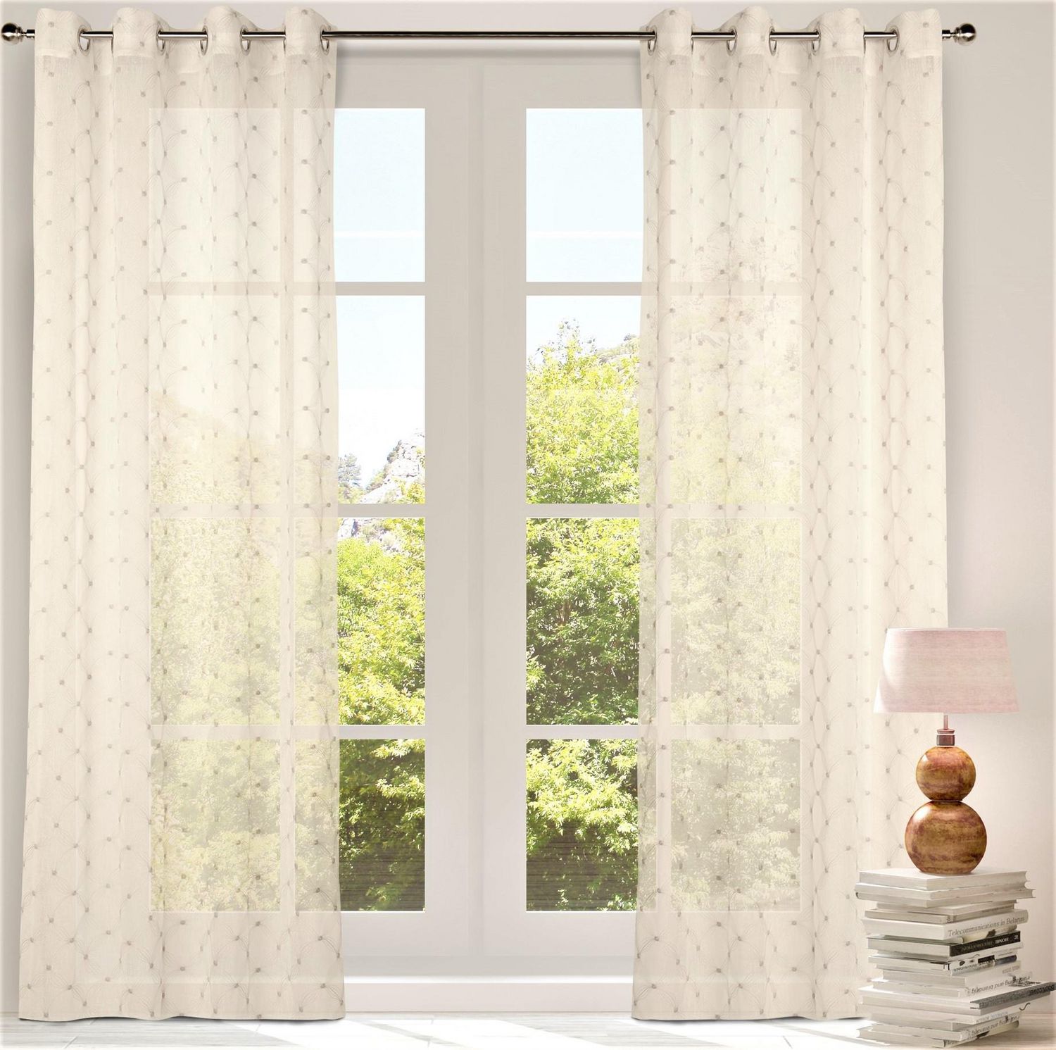 Caricia Home Ross Sheer Embroidered Geometric One 1 Grommet Curtain Panel