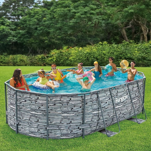 Funsicle 16ft Oval Oasis Above Ground Frame Pool, Stone Slate, SkimmerPlus Pump, Ladder & Cover, Age 6 & up, Stylish oval above ground pool
