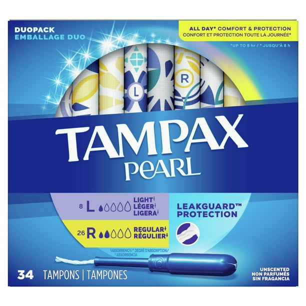 Tampax Pearl Tampons Super Plus Absorbency with BPA-Free Plastic Applicator  and LeakGuard Braid, Unscented, 18 Tampons, Unscented