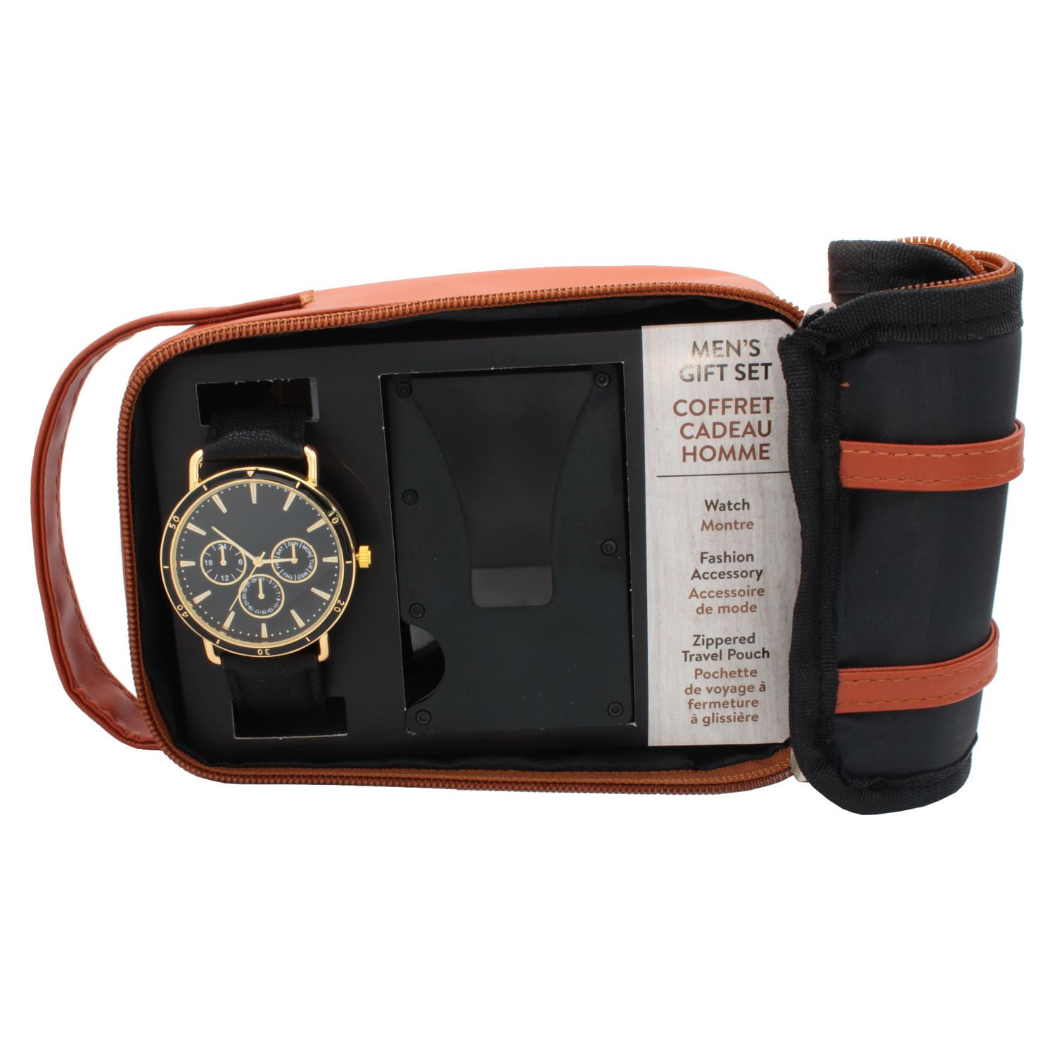 Montre analogique facile à lire pour hommes, à bracelet en polyuréthane, avec un porte-cartes et une pochette