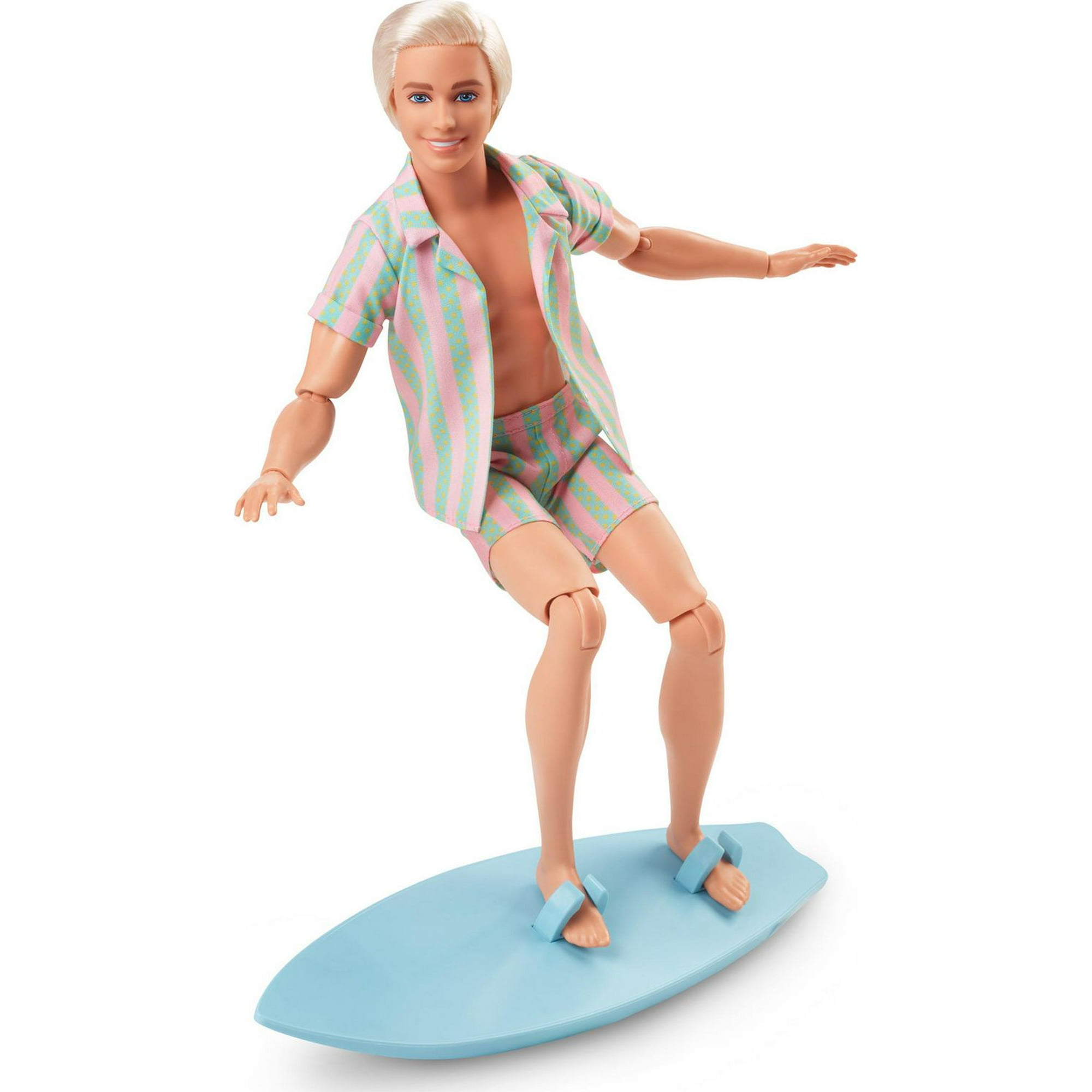 Barbie The Movie Ken Doll Wearing Pastel Pink and Green Striped Beach  Matching Set with Surfboard and White Sneakers