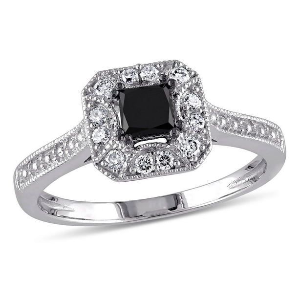 Bague de fiançailles avec diamant noir de coupe princesse et diamants blancs ronds 0,60 CT poids total en or blanc 10K