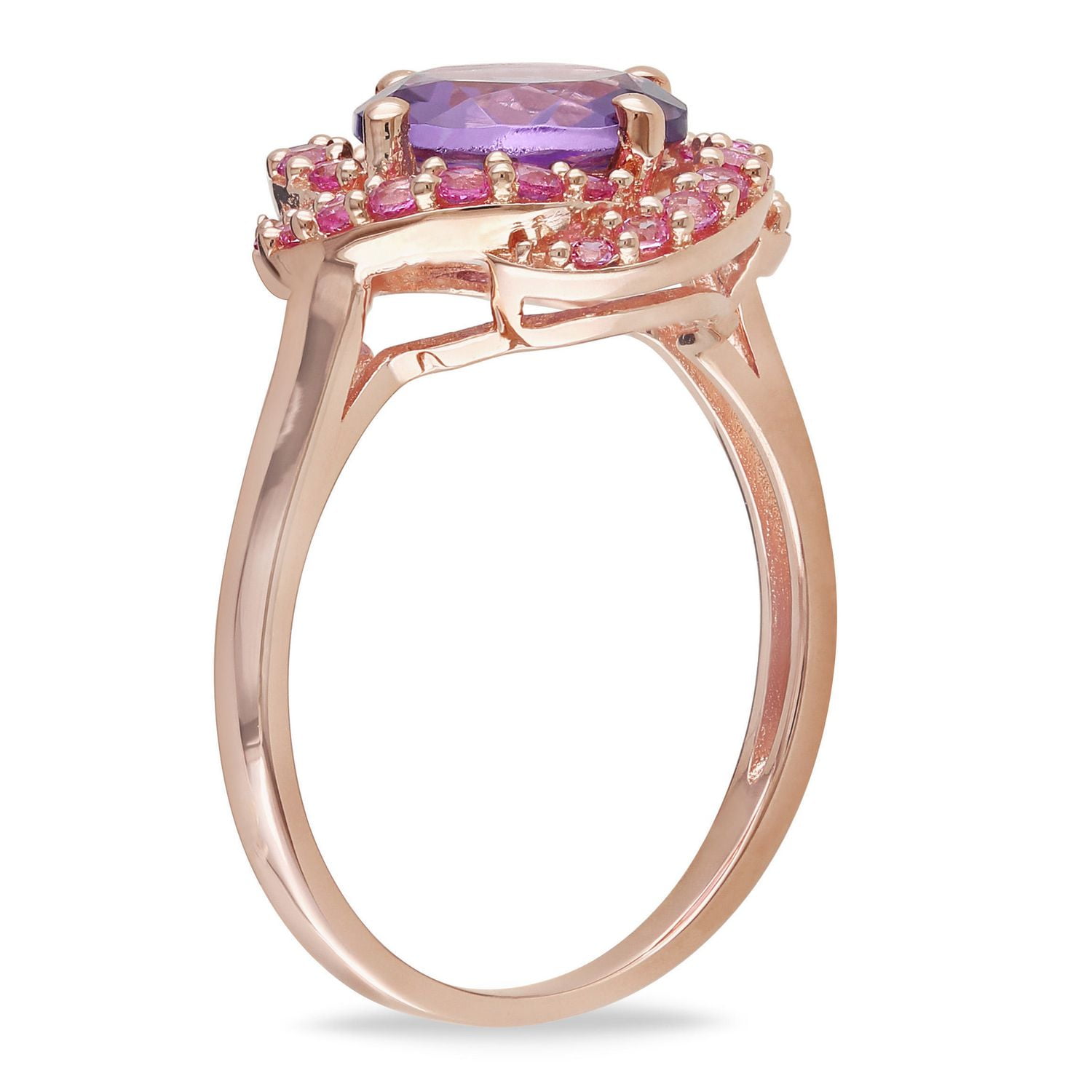 Tangelo 1.88 Carat T.G.W. Amethyst and Created Pink Sapphire Rose Rhodium-Plated Sterling Silver Swirl Cocktail Ring