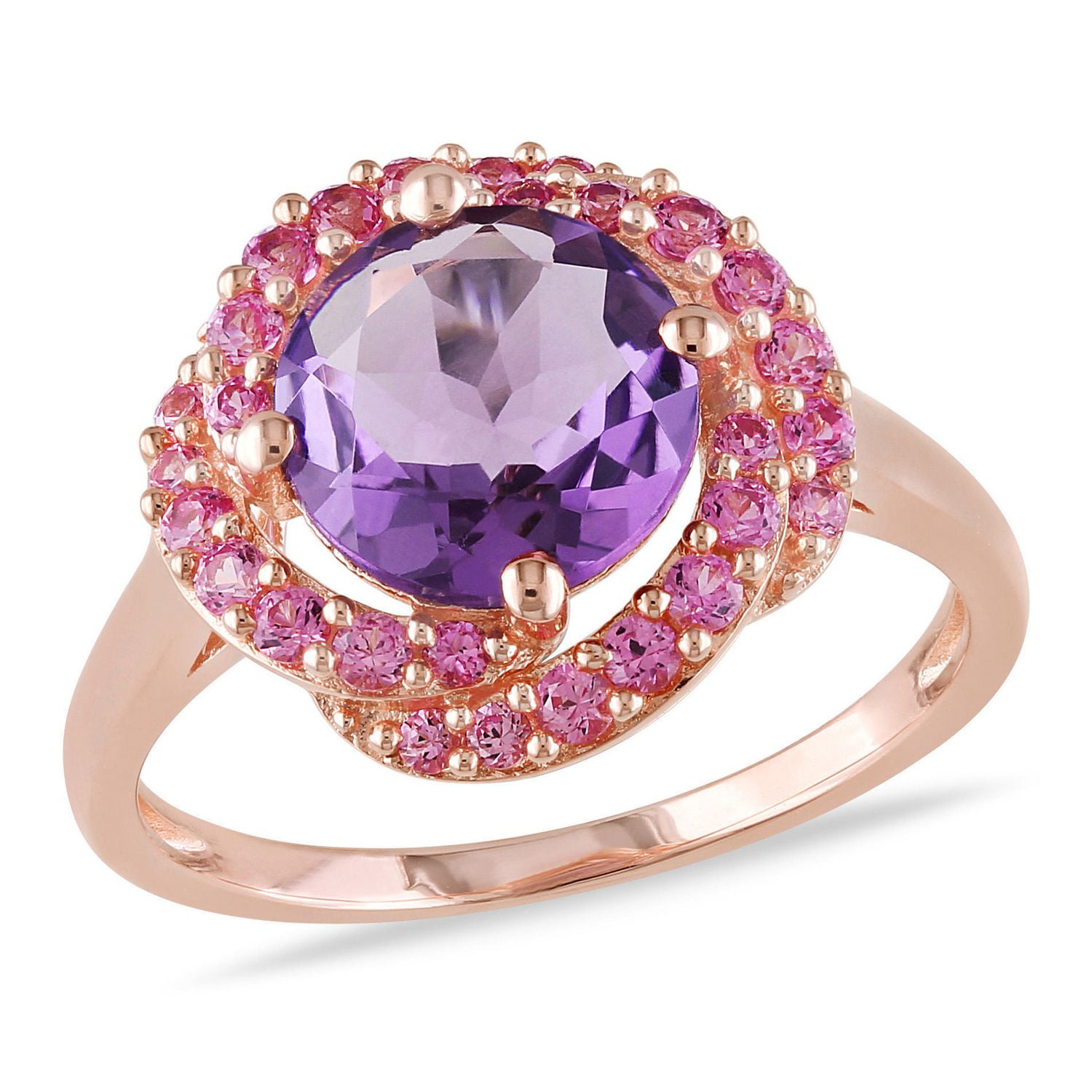 Tangelo 1.88 Carat T.G.W. Amethyst and Created Pink Sapphire Rose Rhodium-Plated Sterling Silver Swirl Cocktail Ring