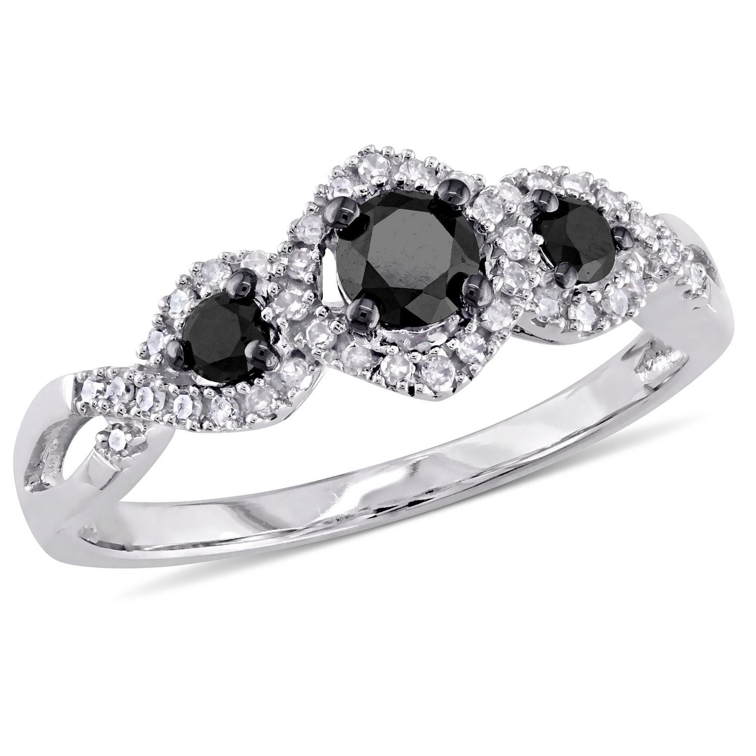 Asteria 0.50 Carat T.W. Black and White Diamond 10 K White Gold Three-Stone Engagement Ring