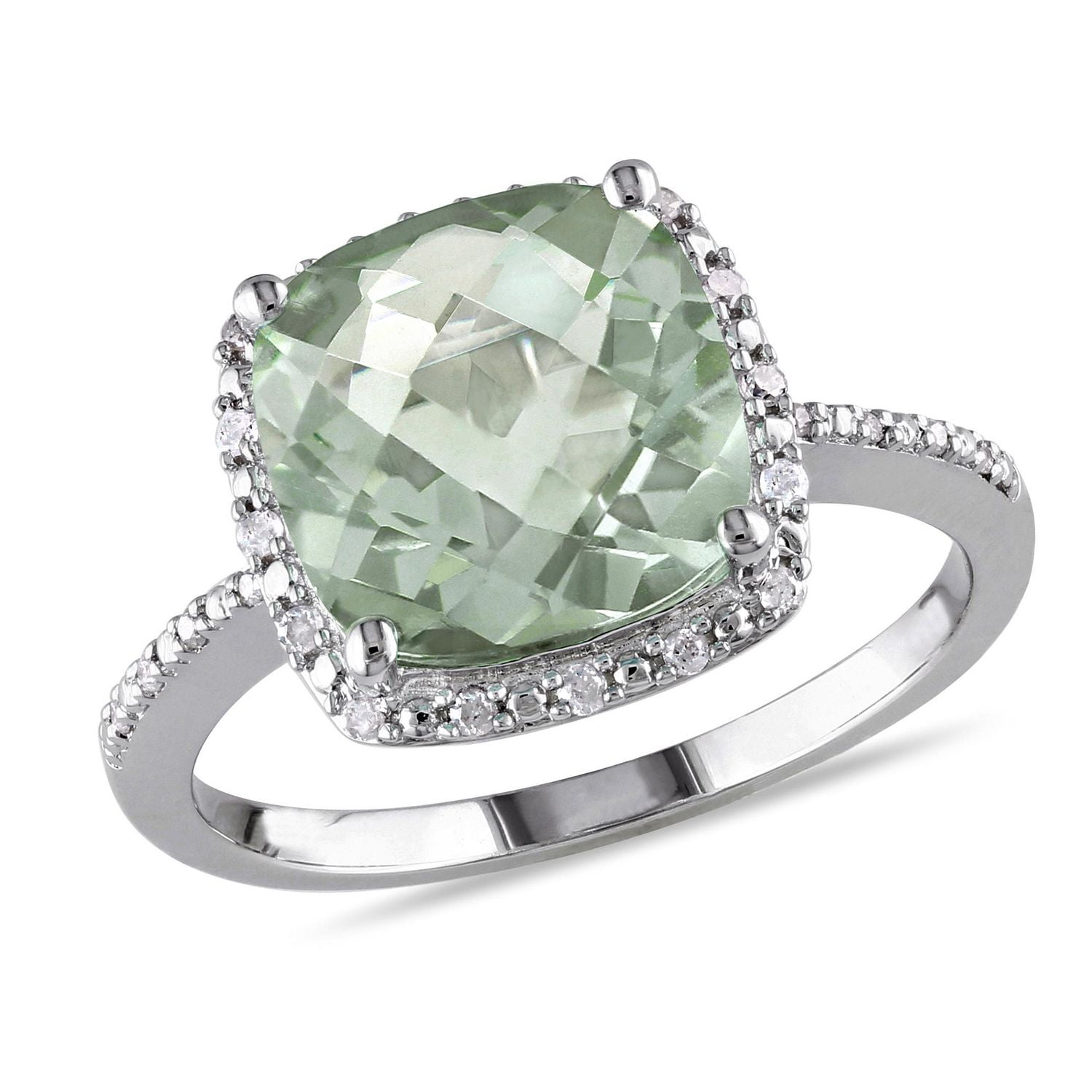 Tangelo 4 Carat T.G.W. Green Quartz and 0.10 Carat T.W. Diamond Sterling Silver Halo Cocktail Ring