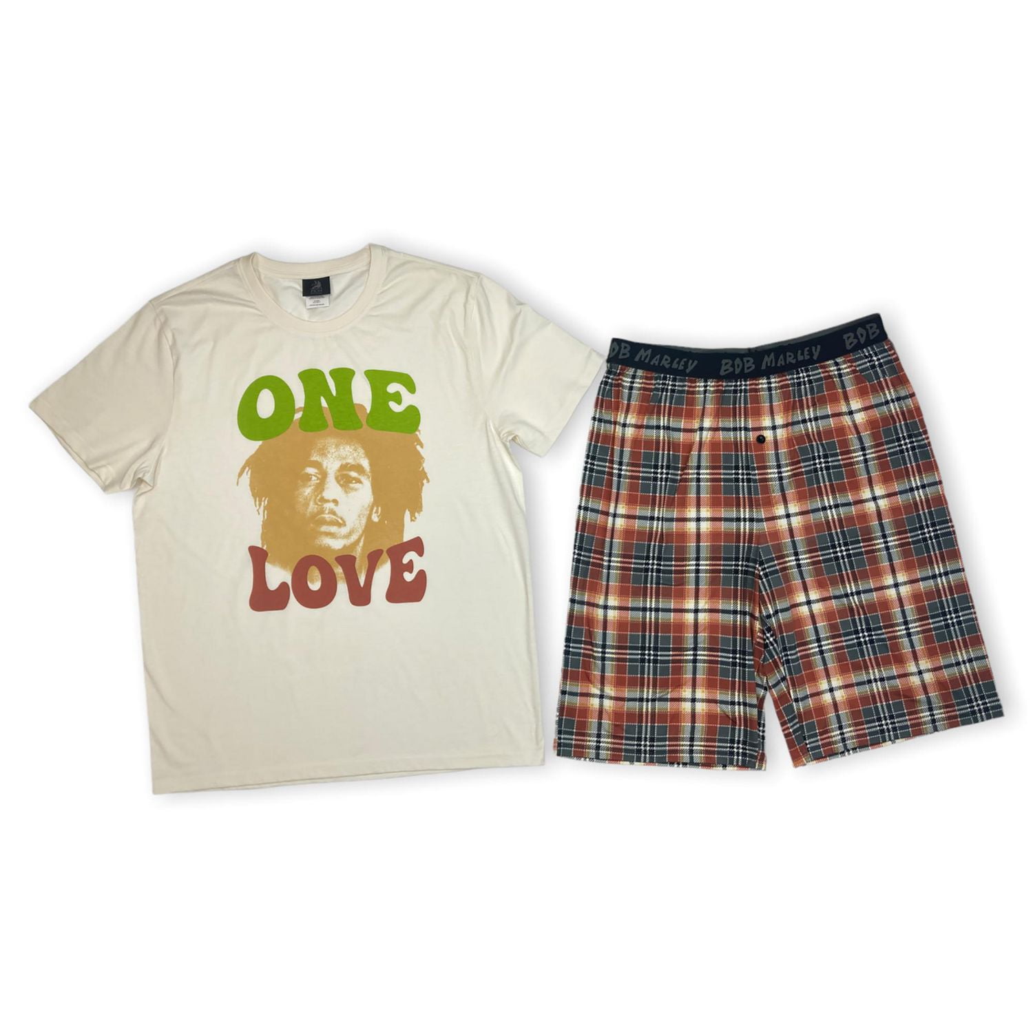 Bob Marley Mens pj set. This pyjama set for men consists of a short sleeve crew neck tee shirt and jaquard knee length shorts with elastic waist band and
