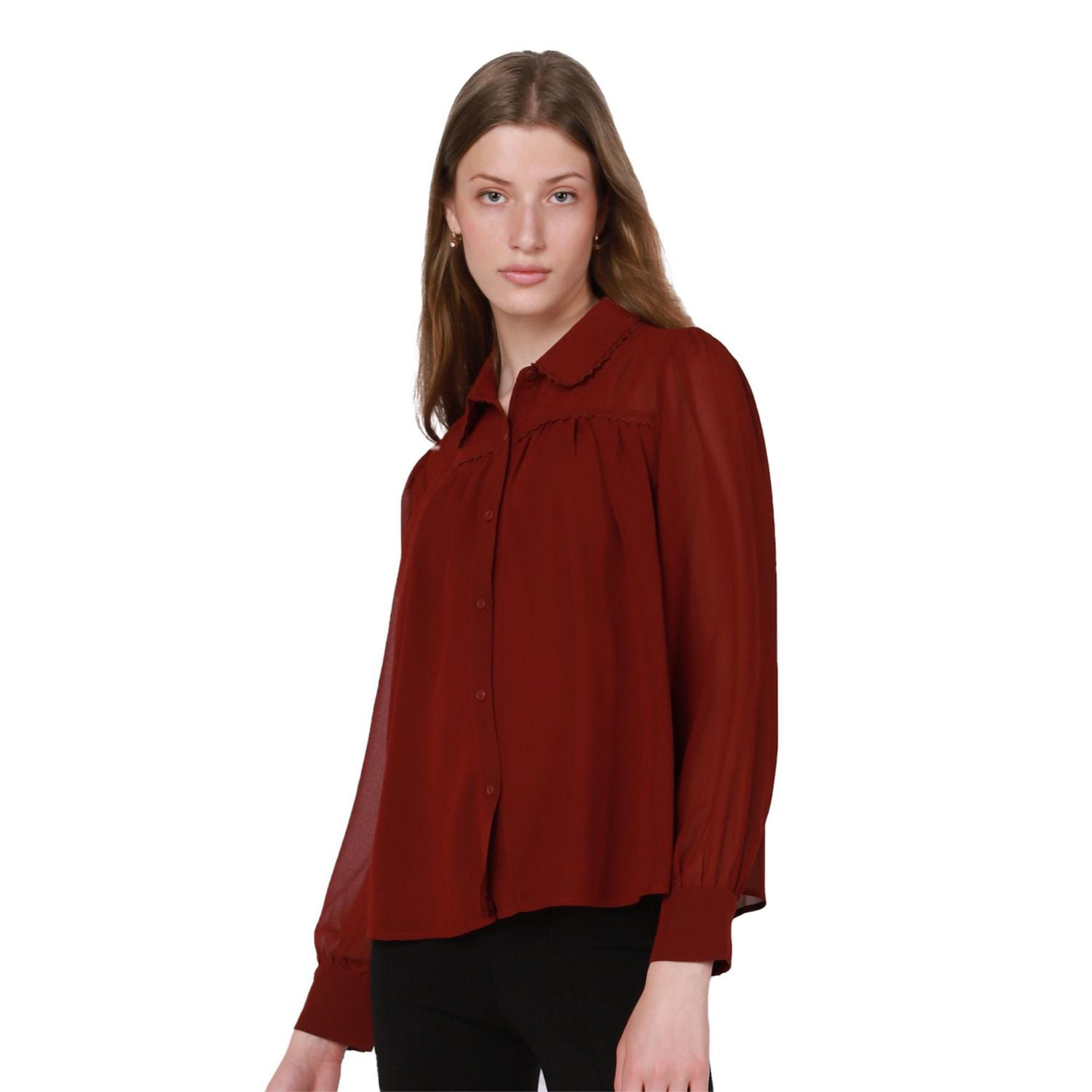 Long Sleeve button front, lace trim collar woman’s blouse