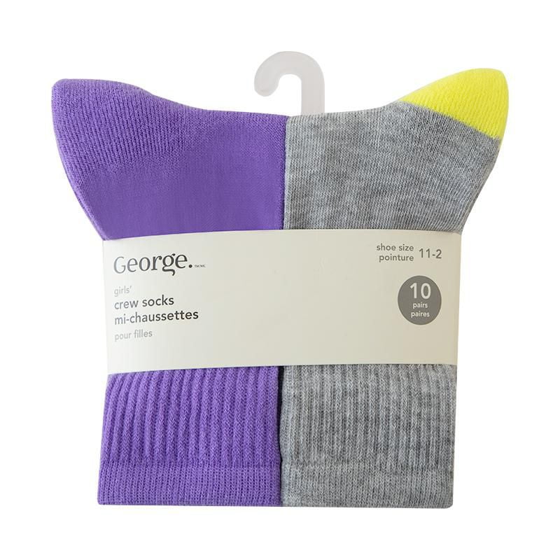 George Girls' 10 Pack Crew Socks, Sizes 11-2; 3-6