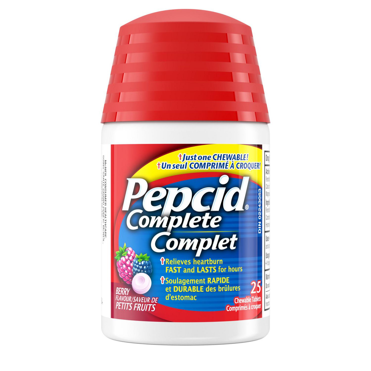 Pepcid Complet, Petits fruits, Acidoréducteur, Brûlures d’estomac et reflux acide, 25 comprimés à croquer