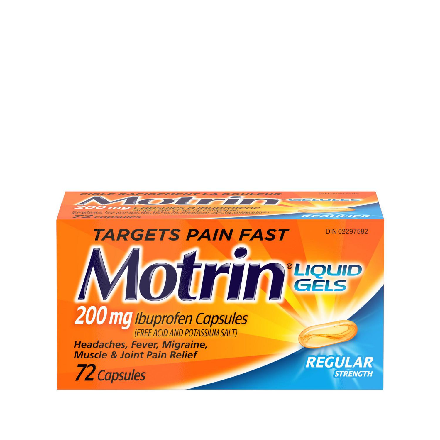 Motrin Régulier pour le soulagement de la douleur, gélules à 200 mg d'ibuprofène, 72 gélules
