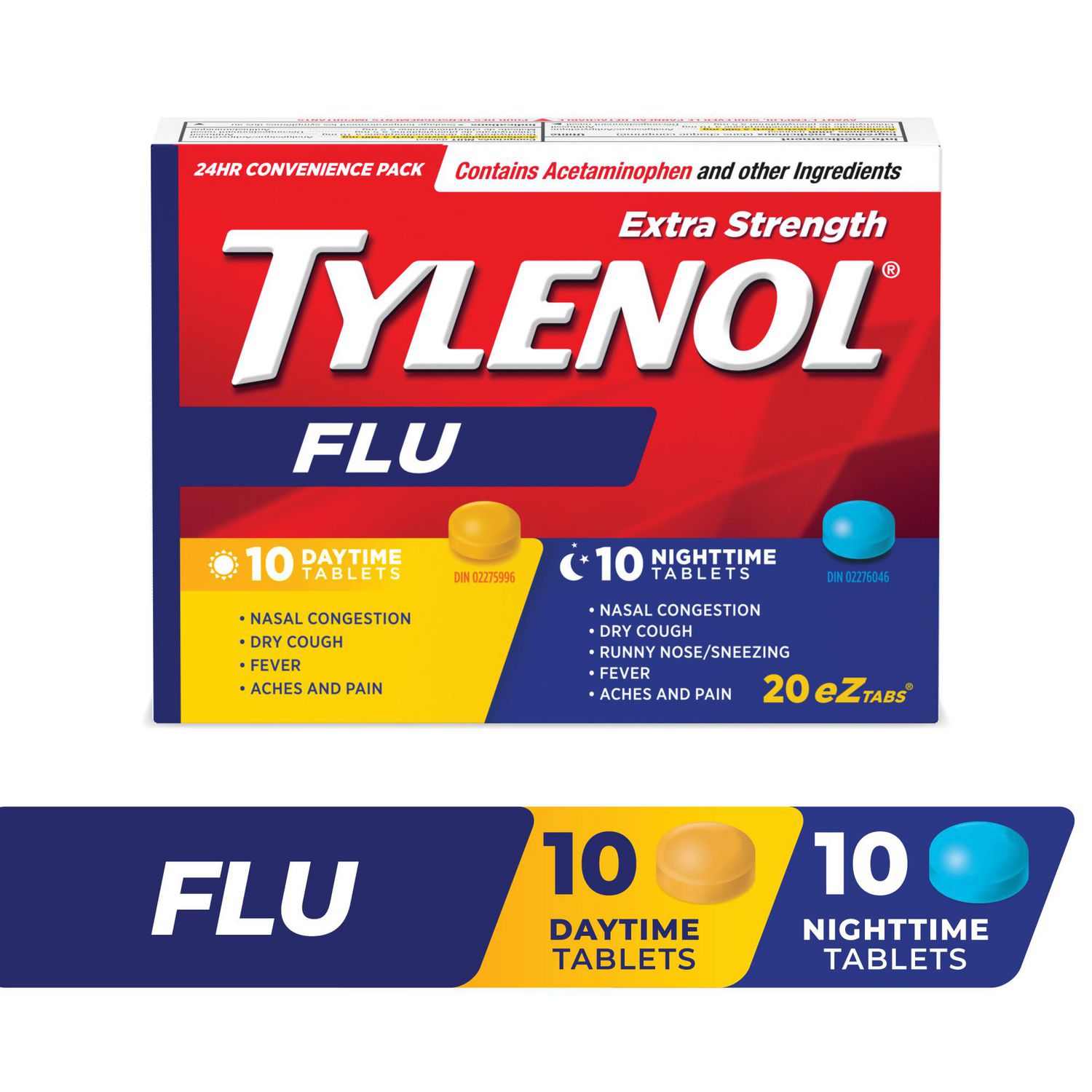 Tylenol Extra Stength Flu eZ Tabs, Relieves Flu symptoms, Daytime & Nighttime, Convenience Pack, 20 Count