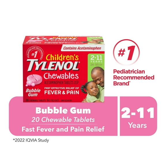 Children's Tylenol Chewables with 160 mg Acetaminophen, Pain Reliever & Fever Reducer for Kids' due to immunizations, colds, flu, headache, toothache, minor muscle aches, pains or sprains, Bubble Gum, 20 count
