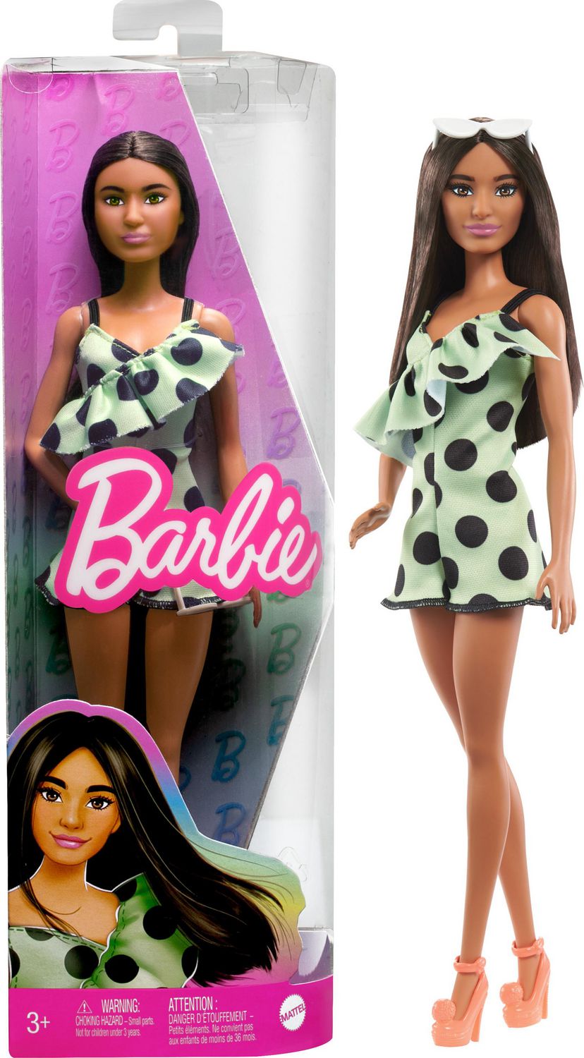 Barbie– Plage – Poupée brunette articulée, planche de surf et