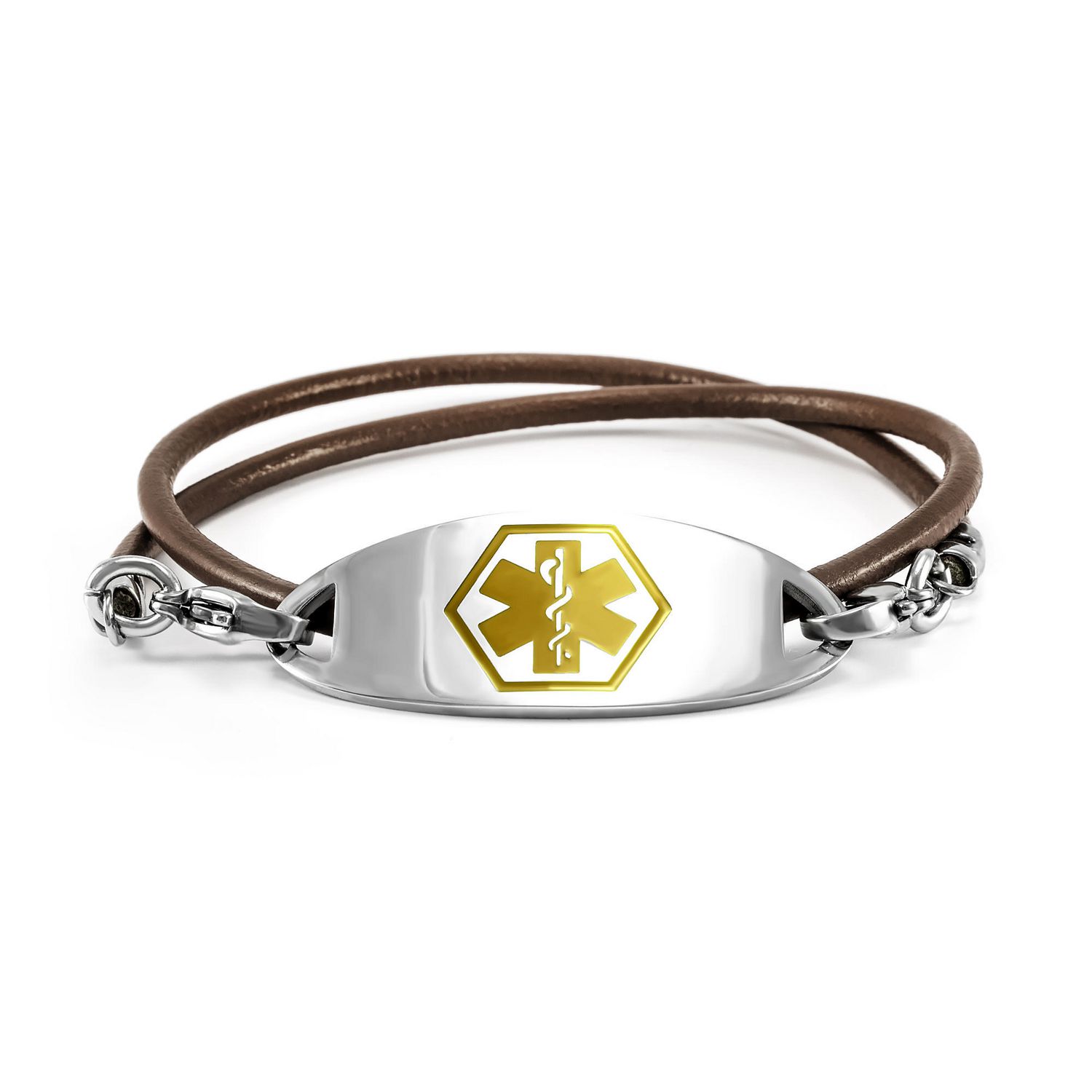 Steel Yellow Enamel Tag Engraving Incl. MedicEngraved Customized Leather Medical ID Bracelet w/ 316L St
