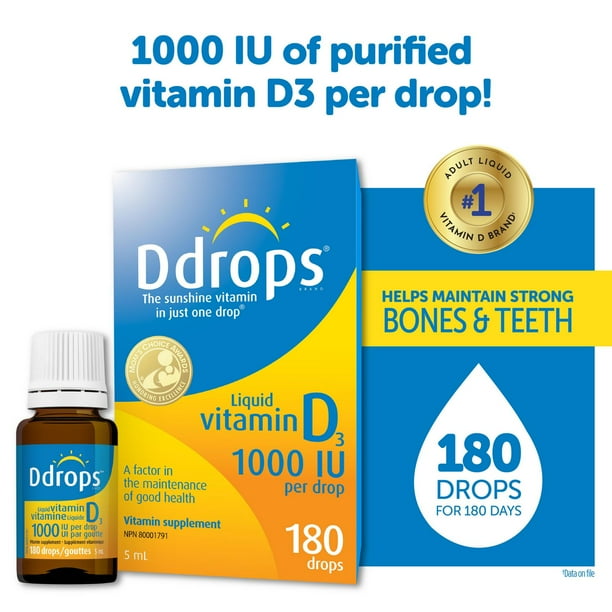 Supplément vitaminique de vitamine liquide D3 de Ddropsᴹᴰ, 1000 UI 5 ml, 180 gouttes