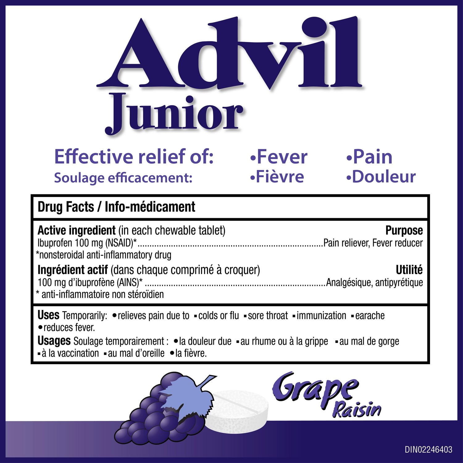 Junior Strength Advil Pain Reliever and Fever Reducer Ibuprofen Chewable Tablets, Grape, 40 Count, 40 count