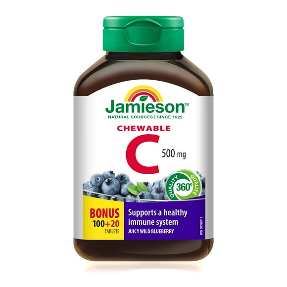 Jamieson Chewable Vitamin C Wild Blueberry Flavour 500 mg Tablets, 100+20 chewable tablets