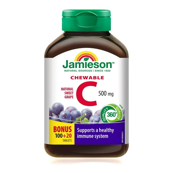 Jamieson Chewable Vitamin C Grape Juice Flavour 500 mg Tablets, 100+20 chewable tablets