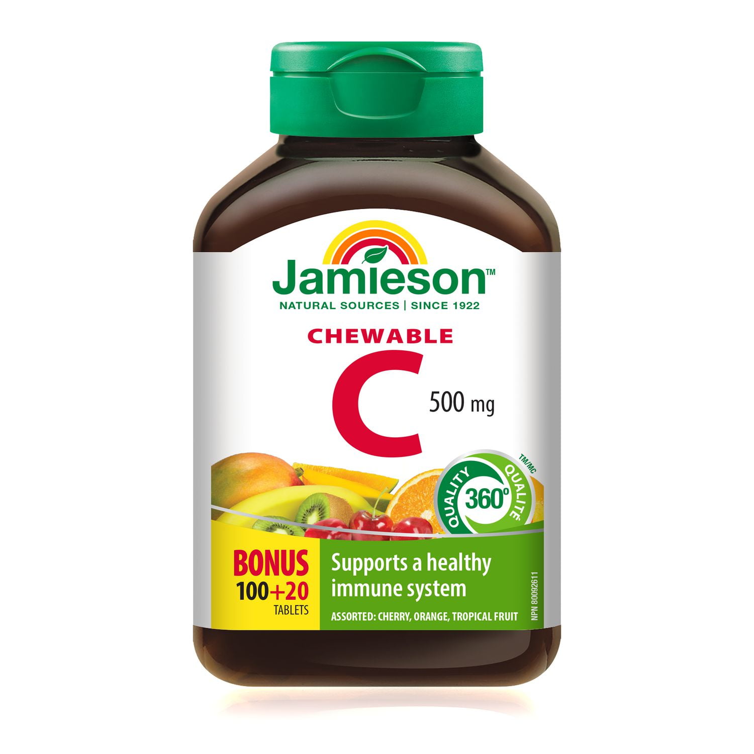 Jamieson Laboratories Jamieson Chewable Vitamin C Mixed 3 Flavours 500 mg Tablets, 100+20 chewable tablets