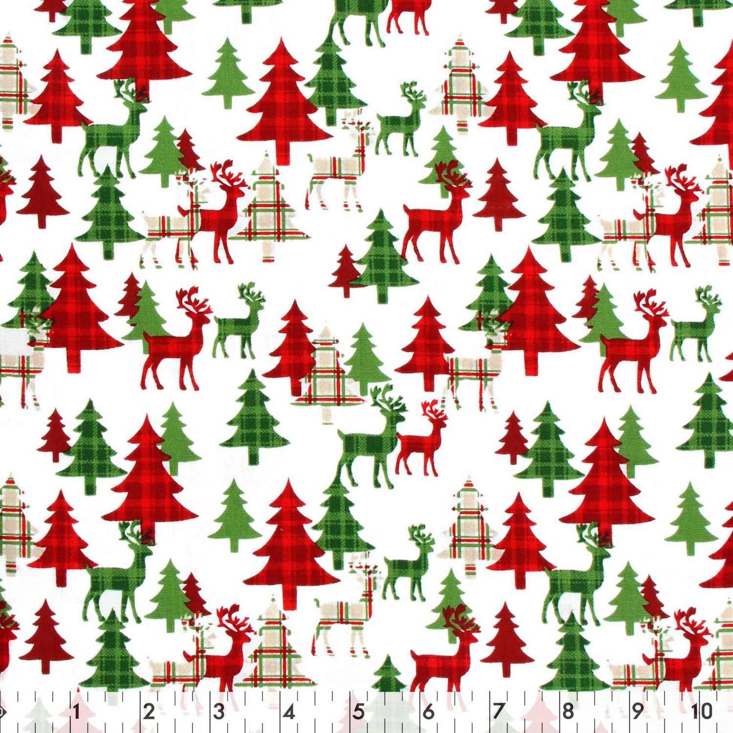 Fabric Creations White With Red And Green Christmas Reindeers And Trees 