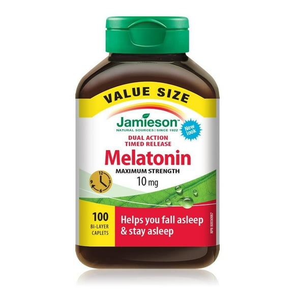 Jamieson Maximum Strength Dual-Action Timed Release Melatonin 10 mg Value Size, 100 bi-layer caplets
