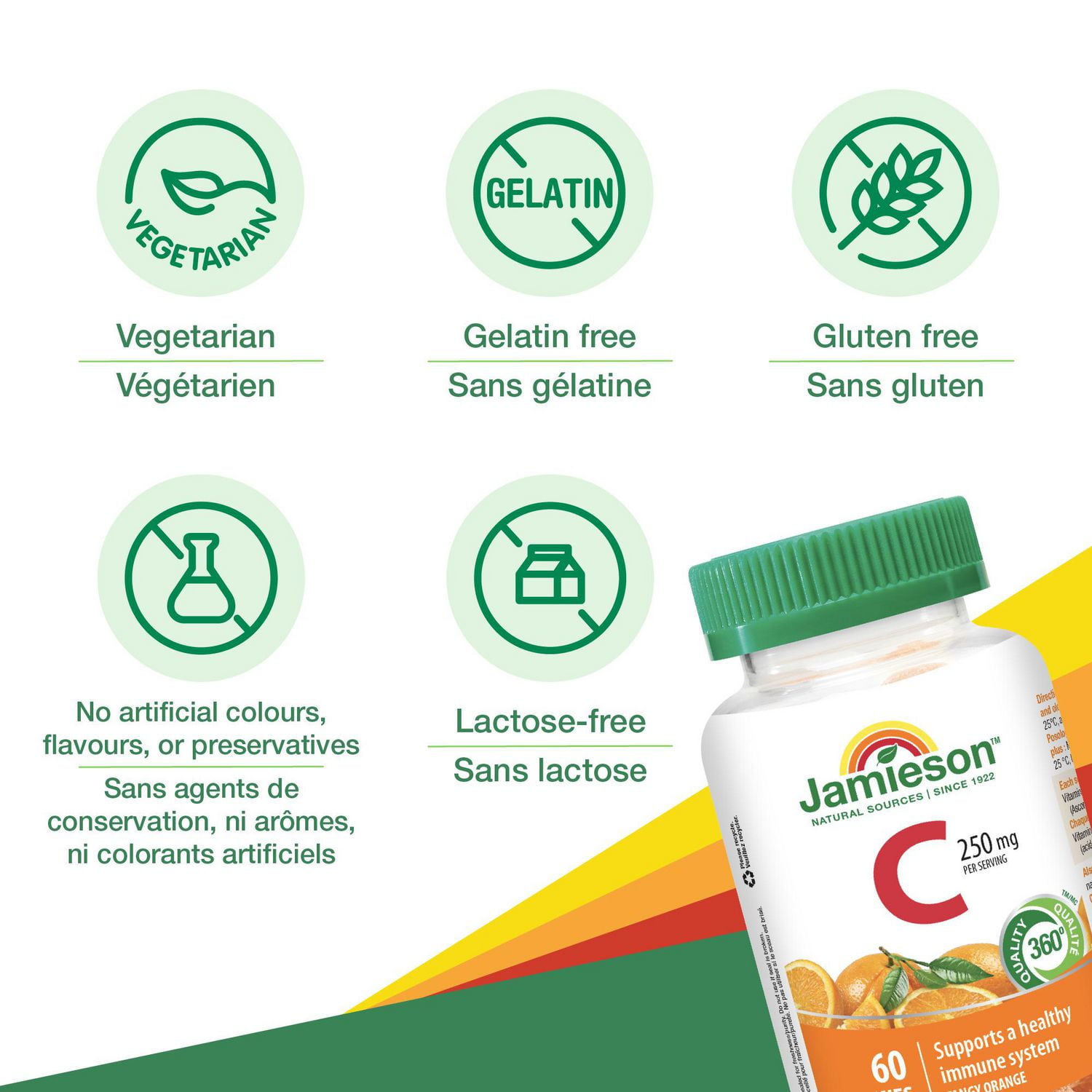 Jamieson Vitamin C 250 mg Gummies Tangy Orange Flavour, 60 gummies