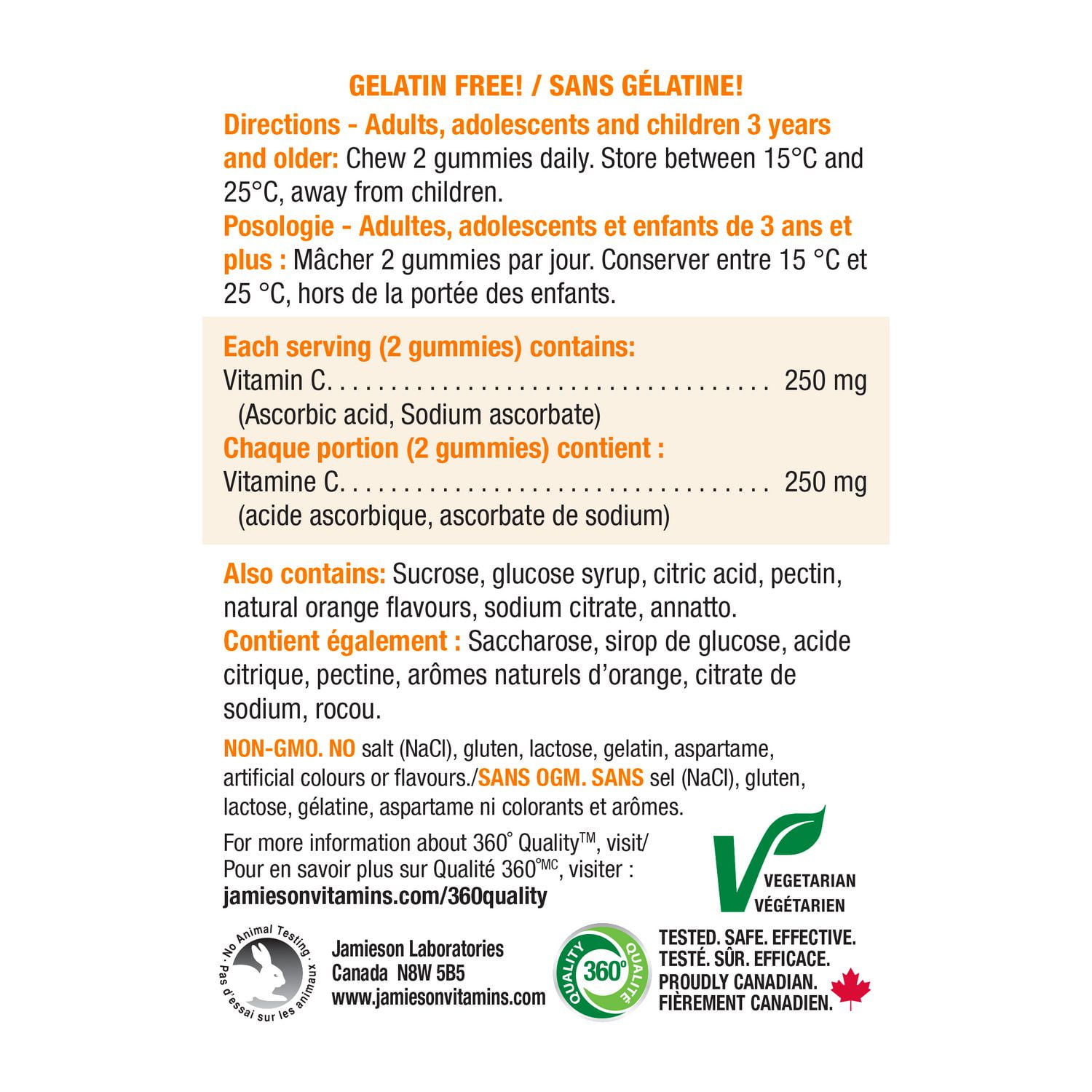 Jamieson Vitamin C 250 mg Gummies Tangy Orange Flavour, 60 gummies