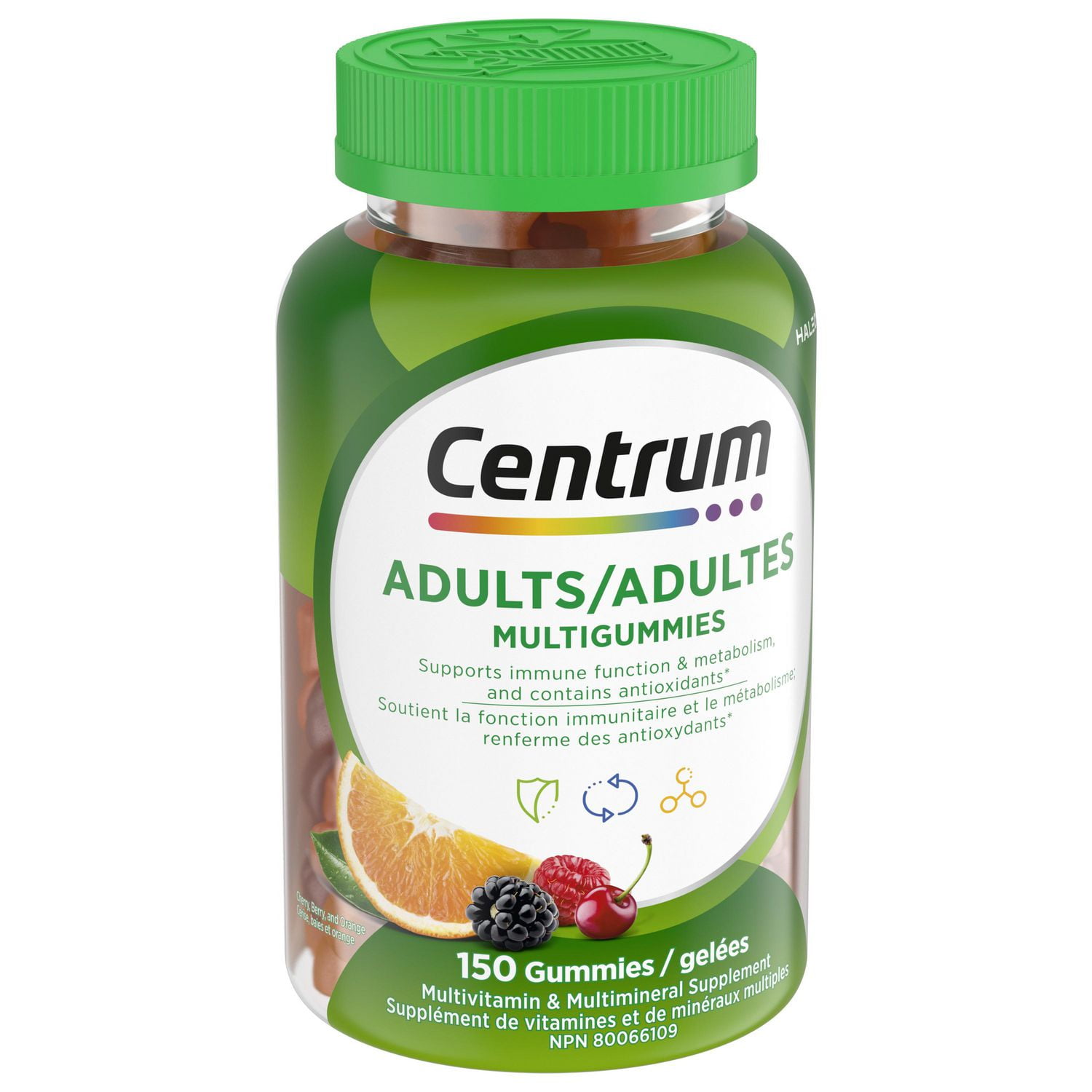 Centrum MultiGummies Adult Multivitamin and Multimineral Supplement, Cherry, Berry, and Orange Flavours, 150 Count, 150 Gummies, cherry, berry and orange