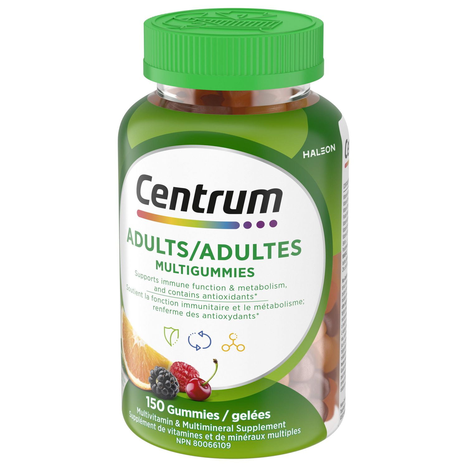 Centrum MultiGummies Adult Multivitamin and Multimineral Supplement, Cherry, Berry, and Orange Flavours, 150 Count, 150 Gummies, cherry, berry and orange