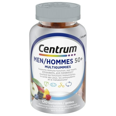 Centrum MultiGummies Men 50+ Multivitamin and Multimineral Supplement, Sour Apple, Tropical, and Mixed Berry Flavours, 120 Count