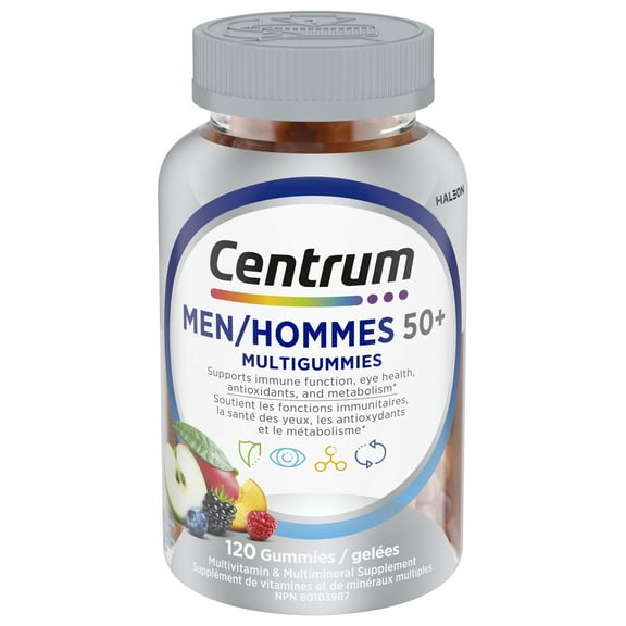 Centrum MultiGummies Men 50+ Multivitamin and Multimineral Supplement, Sour Apple, Tropical, and Mixed Berry Flavours, 120 Count