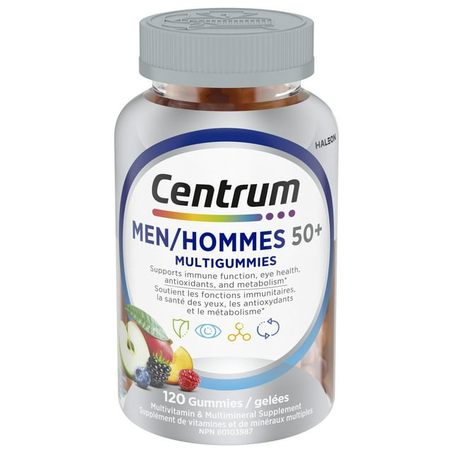 Centrum MultiGummies Men 50+ Multivitamin and Multimineral Supplement, Sour Apple, Tropical, and Mixed Berry Flavours, 120 Count