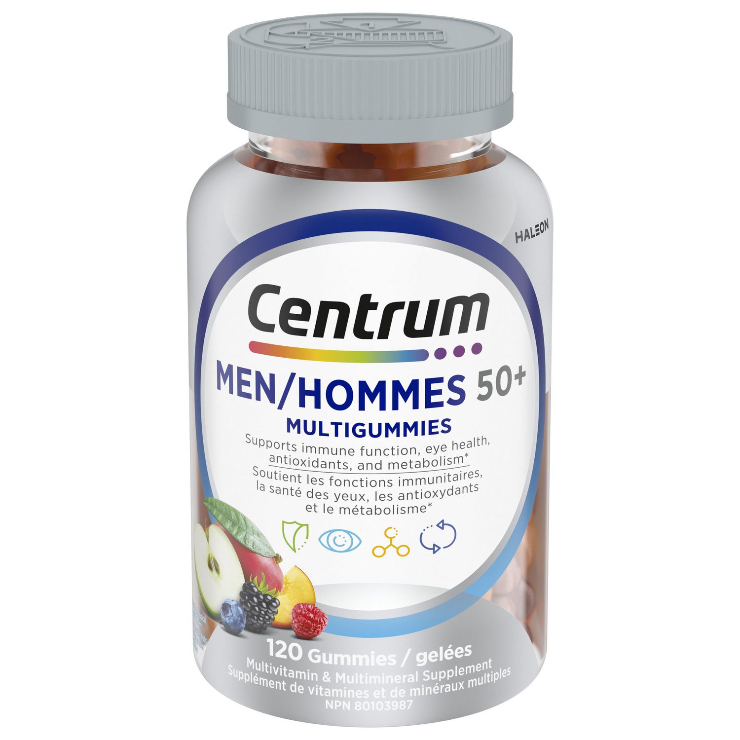 Centrum MultiGummies Men 50+ Multivitamin and Multimineral Supplement, Sour Apple, Tropical, and Mixed Berry Flavours, 120 Count