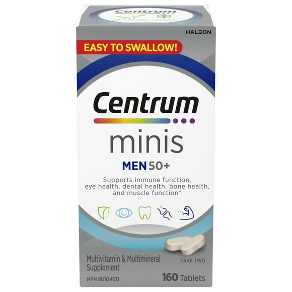 Centrum Minis Hommes 50+, un supplément complet de vitamines et de minéraux, en format de 160 petits comprimés 160 petits comprimés