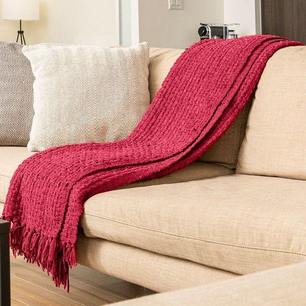 Jeté en tricot natté en chenille avec frange, couverture légère et respirante en chenille pour canapé, chaise, lit, usage extérieur
