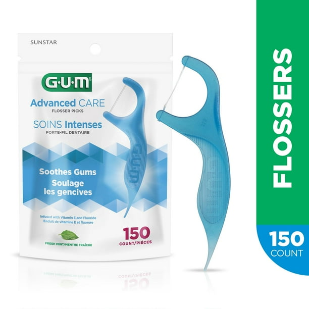 GUM Advanced Care Flosser Picks, Infused with Vitamin E & Fluroide, Fresh Mint Flavour, Soothes