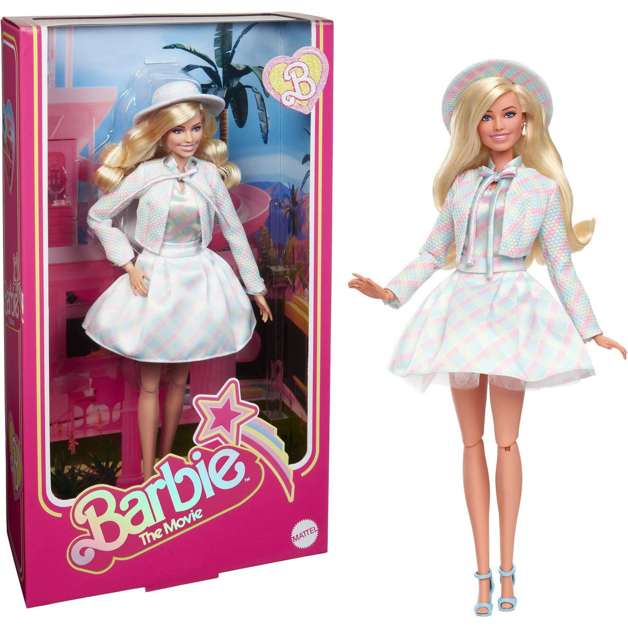 Barbie The Movie Doll, Margot Robbie as Barbie, Collectible Doll Wearing  Blue Plaid Matching Set with Matching Hat and Jacket 