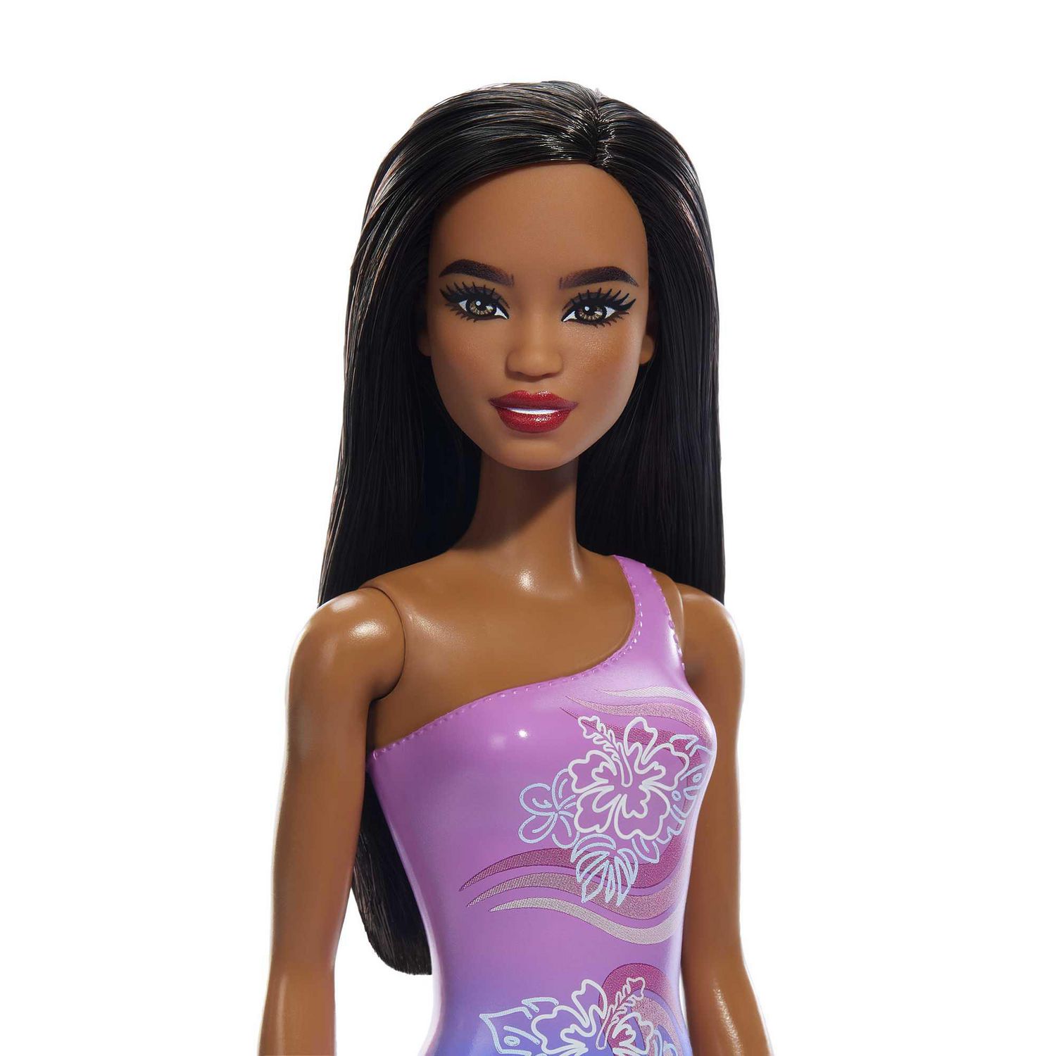 Barbie– Poupée Plage – Cheveux brun foncé, maillot violet tropical Âges 3+  